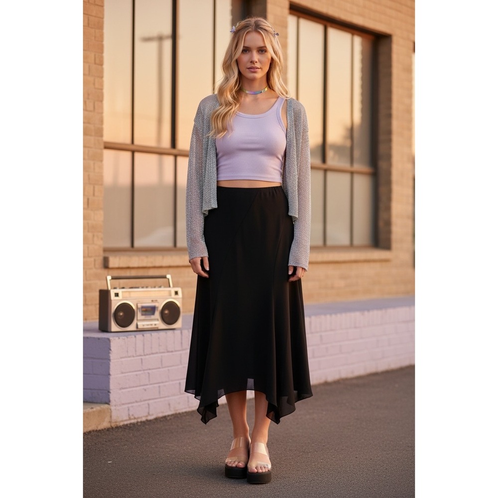 Mystic Handkerchief Hem Midi Skirt 3XL Black Asymmetrical Flowy Whimsigoth Goth